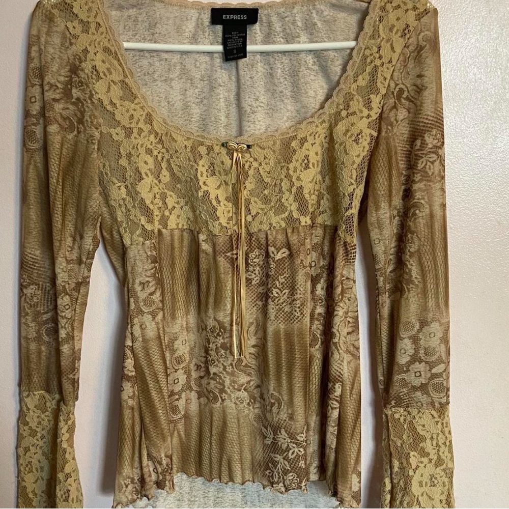 Express Tan Lace Fitted Blouse with Tie Front